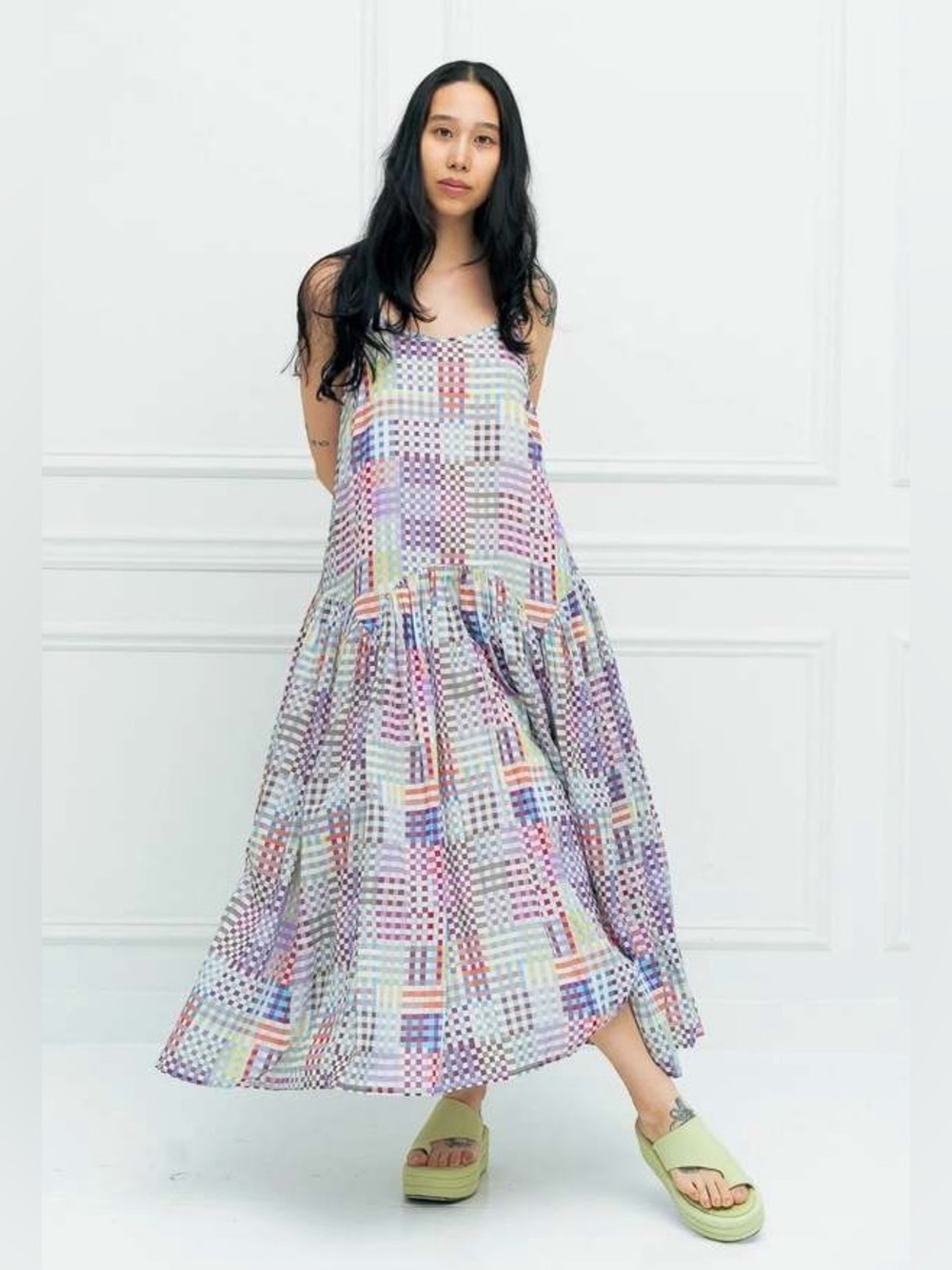 New! Rujuta Sheth Leila Dress Day Rubix Plaid Print Drop Waist Cotton Voile🌷 M